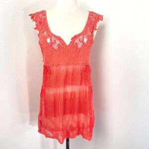 Janet Paris Orange Embroidered Mesh Top Tunic Large Studs Mesh Festival Boho
